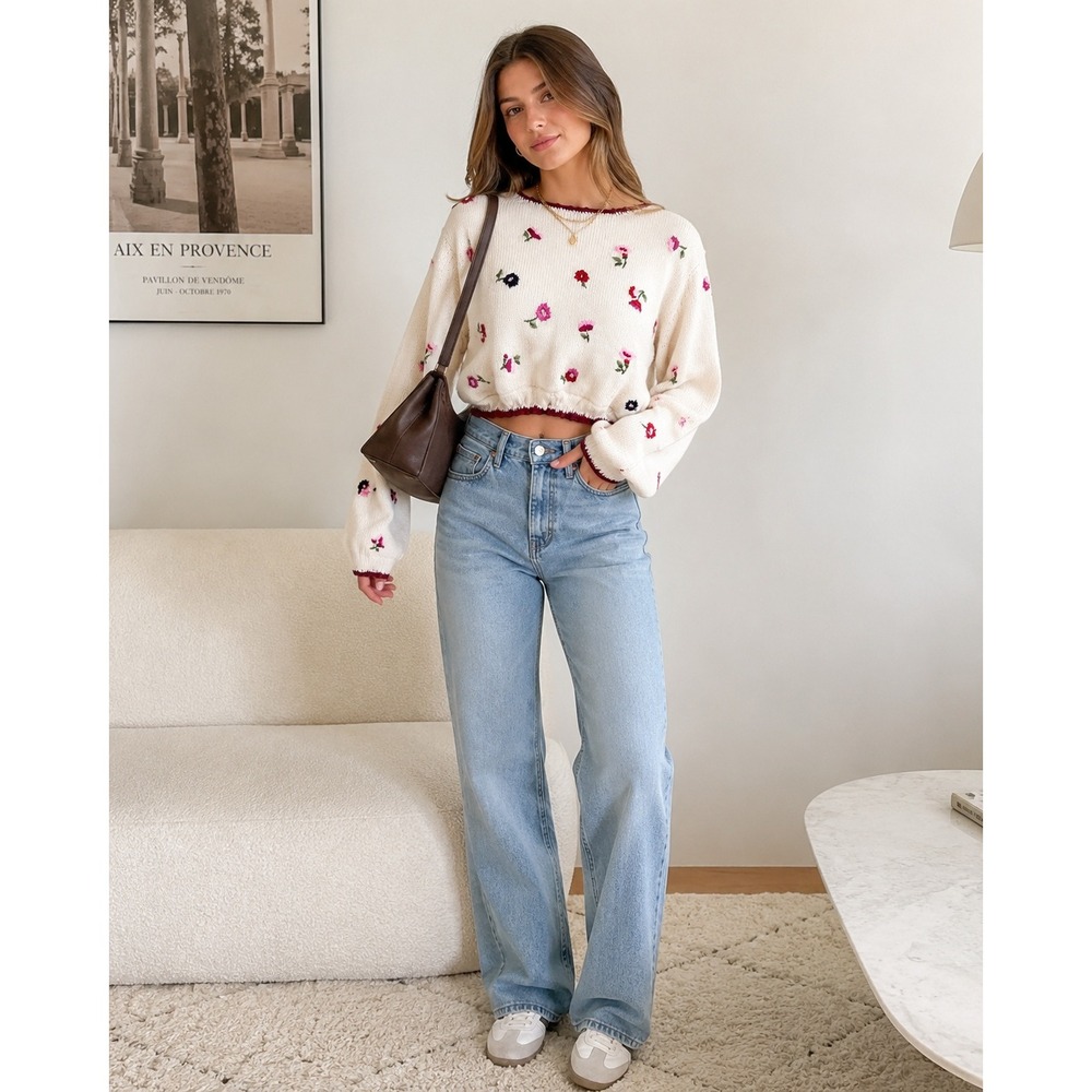 Cream Embroidered Floral Knit Cropped Sweater with Burgundy Trim